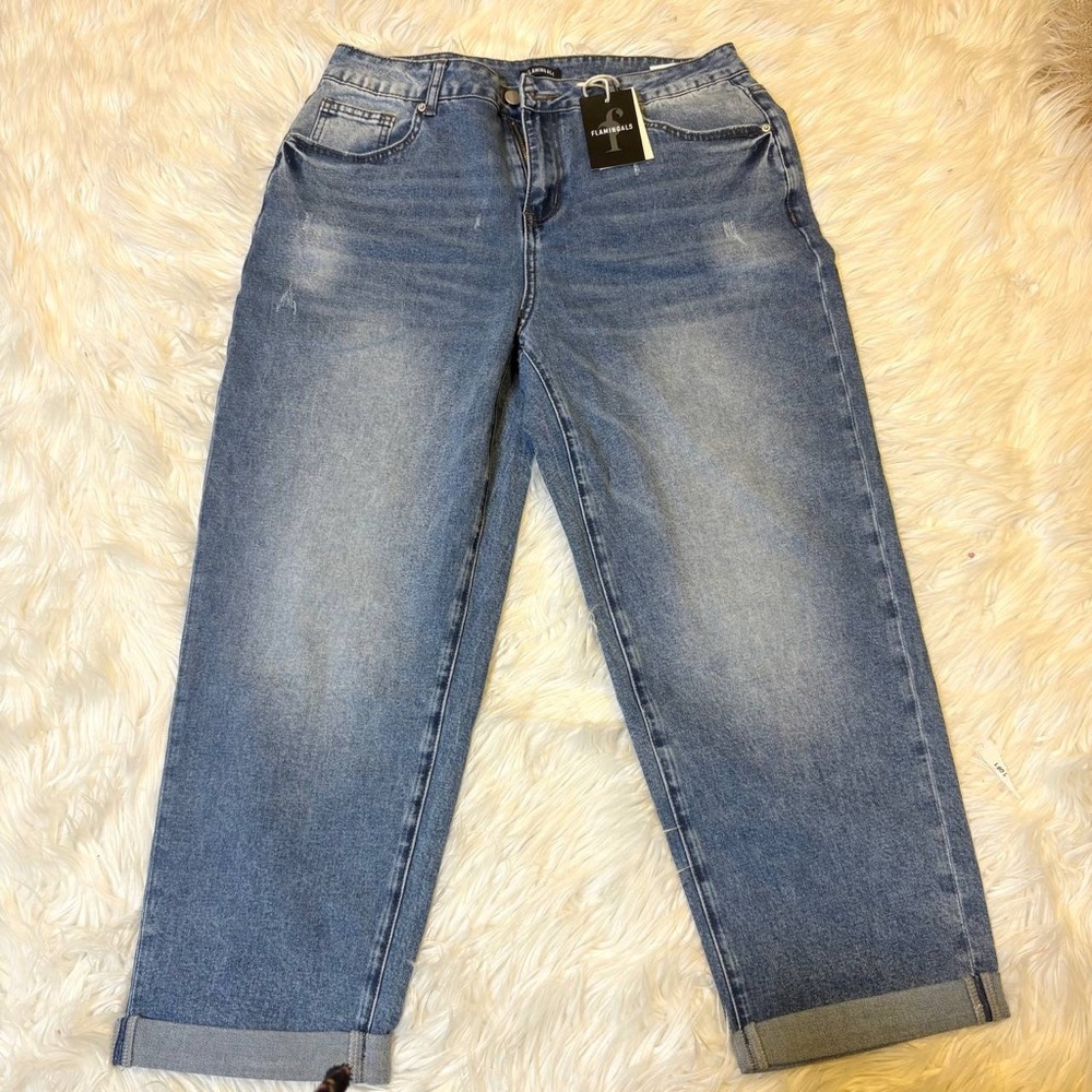 Flamingals stretchy capri denim jeans size L W34 inseam 24 FG10-16